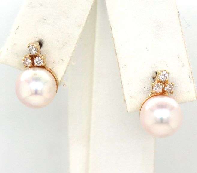14kt Yellow gold 7mm pearl and diamond accent earrings
