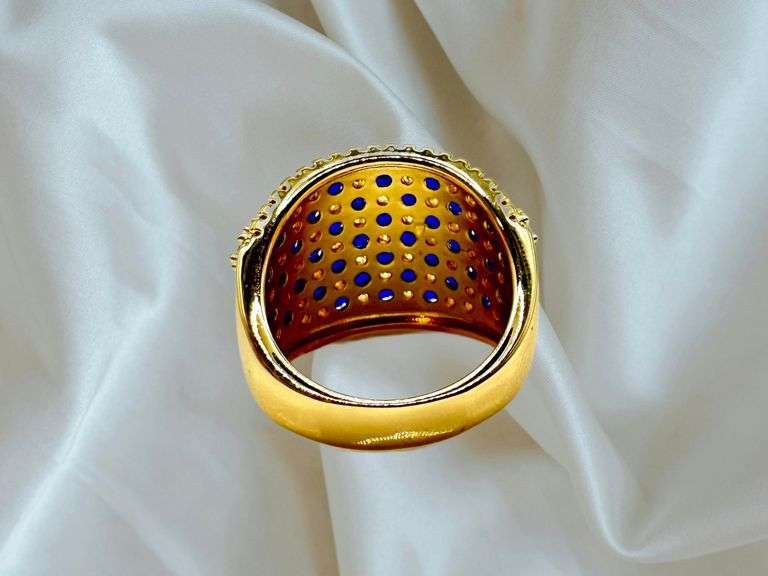 14 Kt Yellow Gold Plate 5.75 Cttw Simulated Diamond Midnight Blue Sapphire Ring