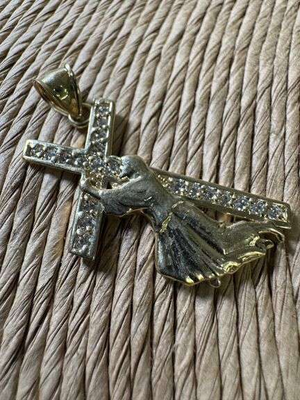 10K Yellow Gold Jesus & the Cross w/ Clear CZ's Pendant