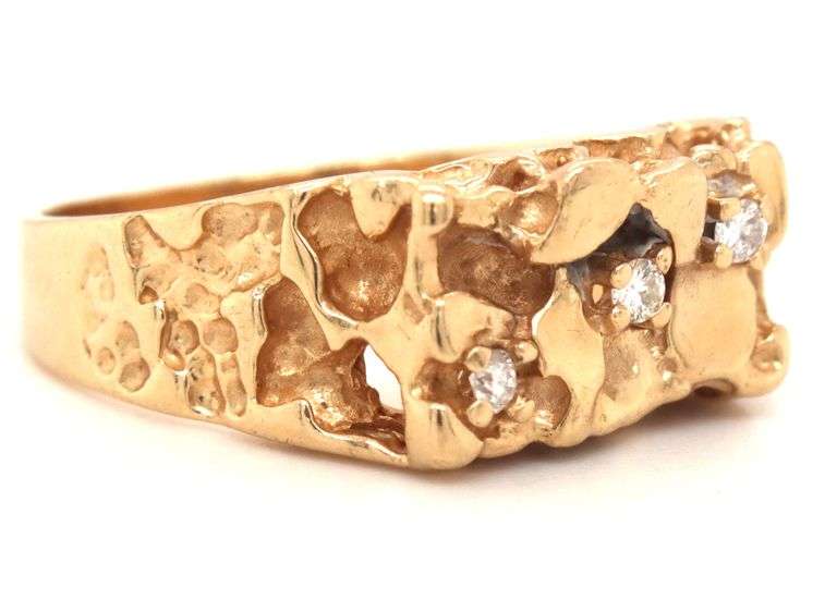 Classic 10K YG Man's Nugget Ring with Diamonds