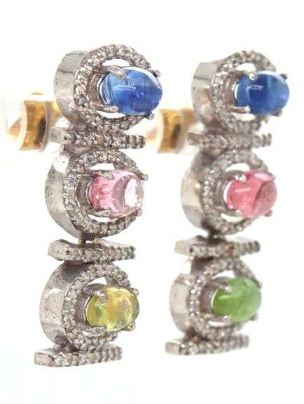 Stunning 6.90CTW Oval Cabochon-Cut Multi-Colored Tourmaline & 1.60CTW Diamond Earrings in Sterling S