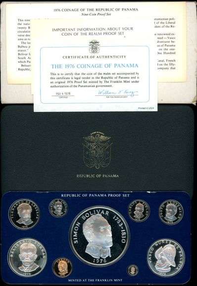 1976 Panama Franklin Mint 9-Piece Silver Proof Set with 20 Balboa