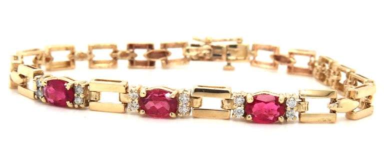 14kt Yellow gold 2.40ctw oval Tourmaline and diamond 3 stone square link bracelet