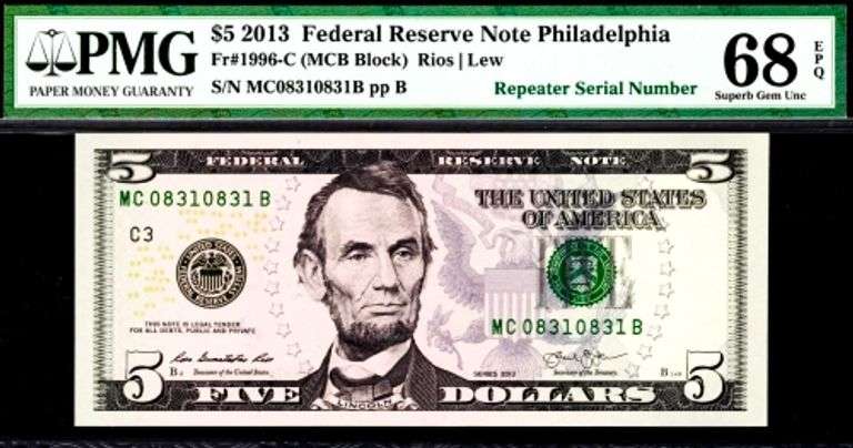 Superb Crisp 2013 $5 Note Philadelphia Repeater Serial # 08310831 PMG 68- Grade Rarity!