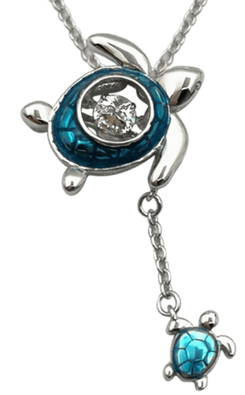 Beautiful "turtle with baby" silver and dancing moissanite necklace