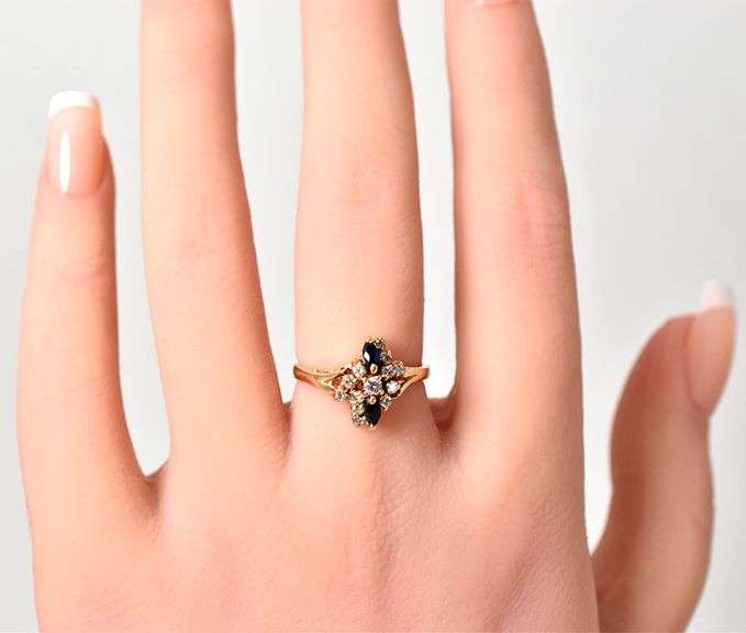 Sparkling 14K Yellow Gold Diamond Ring with Blue Sapphire Gemstone Accents