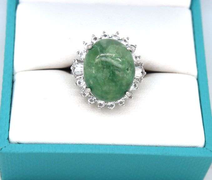 Fantastic Large 11.36CTS Oval Cabochon-Cut Natural Emerald & 1.14CTW Round & Baguette White Sapphire