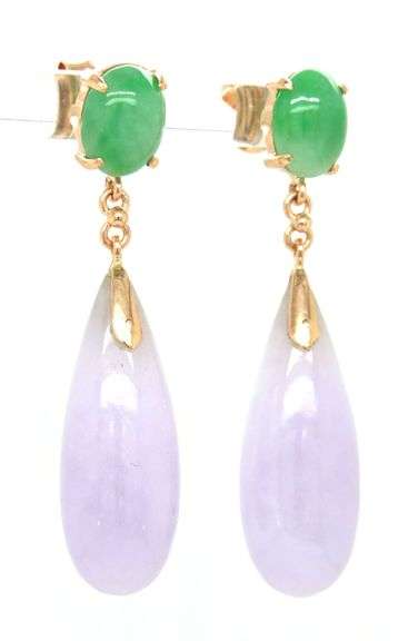 14kt Yellow gold oval green Jade and Lavender Jade teardrop dangle earrings
