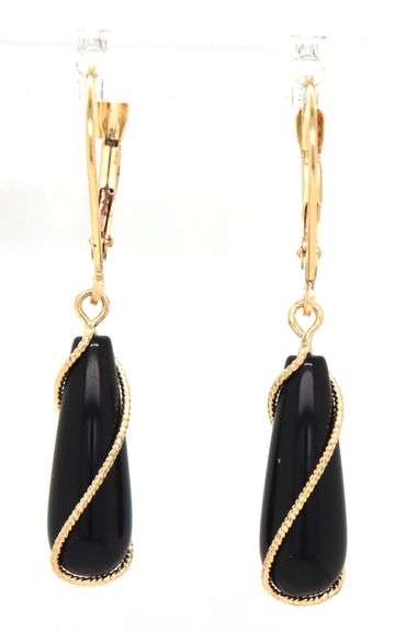 14kt Yellow gold teardrop black onyx twisted rope chain around dangle earrings