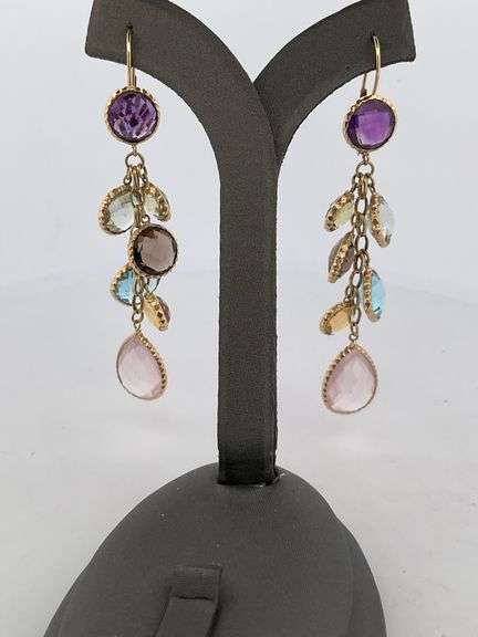 CERTIFIED 14K YELLOW GOLD DROP EARRINGS WITH MULTIPLE GEMSTONES