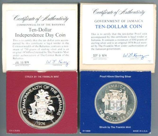 2 Different 1974 $10 Silver Independence Coins: Bahamas and Jamaica
