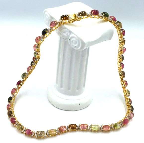 Inspiring Brand New European 38.00CTW Oval Cabochon-Cut Multi-Colored Tourmaline & 3.00CTW Diamond N