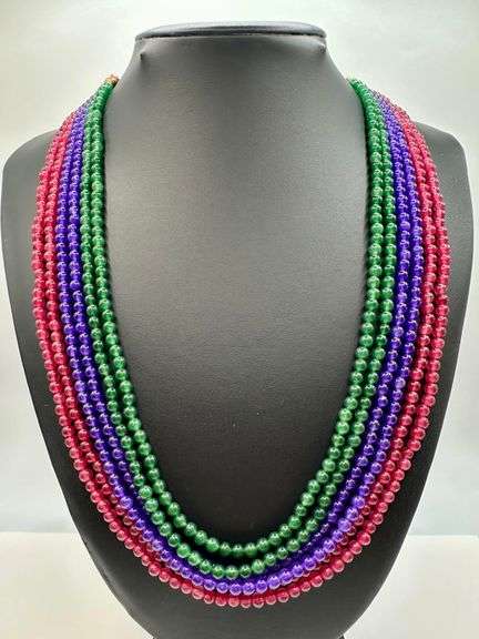 Stunning  397 Cttw 6 Strand Natural Ruby Emerald Sapphire Necklace