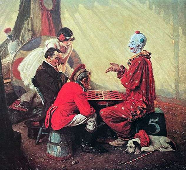 Norman Rockwell Vintage Art Norman Rockwell Checkers, Game with Circus Clown