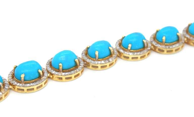 Dreamy 64.50CTW Oval Cabochon-Cut Turquoise & 5.50CTW Diamond Necklace in 14K Yellow Gold Over Sterl