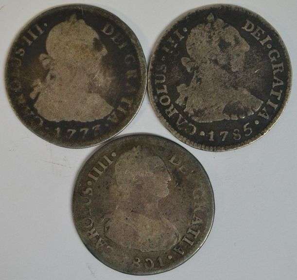 1773, nice 1785, & 1801 Mexico Silver 2 Reales pieces in circ