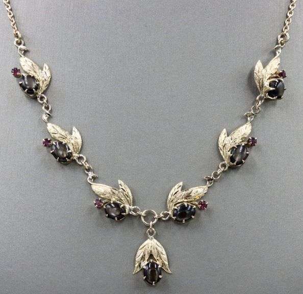 10kt Yellow gold black star sapphire cab and ruby necklace