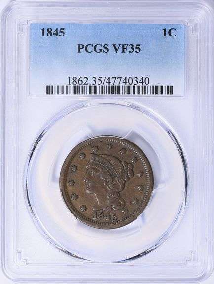 1845 Braided Hair Large Cent PCGS VF-35 BN  Choice Mid-Grade Example with Original Color
