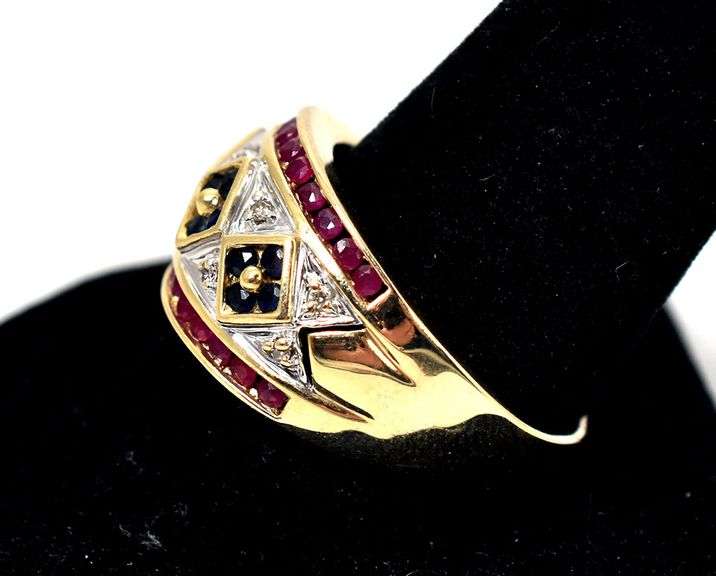 Colorful 14K Yellow Gold Sapphire, and Ruby Gemstone Ring with Diamond Accents