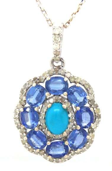 Charming 3.50CTW Kyanite, Diamond & Turquoise Pendant Necklace in Sterling Silver
