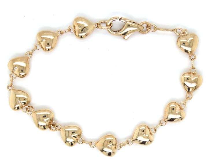 14kt Yellow gold puffed heart station link bracelet