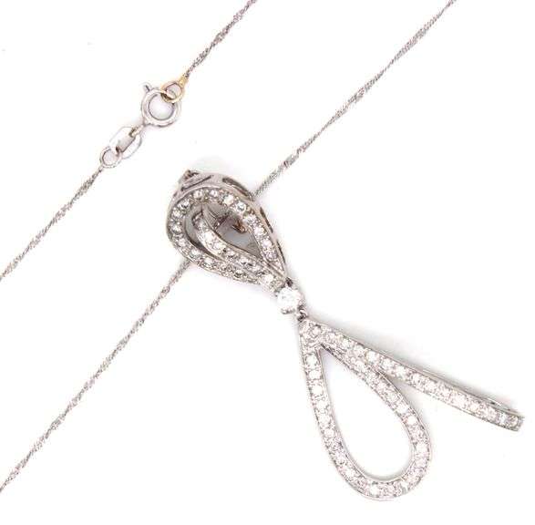 18kt White gold 1ctw pave diamond double knotted teardrop pendant on chain