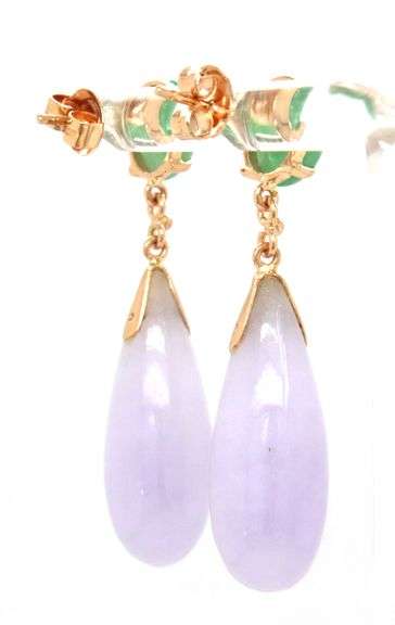 14kt Yellow gold oval green Jade and Lavender Jade teardrop dangle earrings