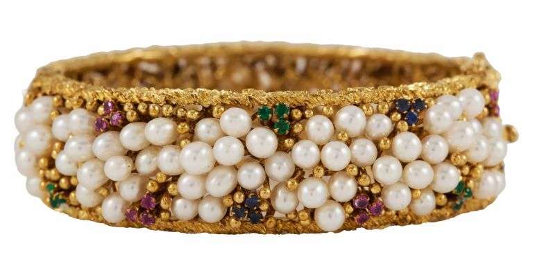 Vintage Pearl and Multi Gemstone Hammered Bangle Bracelet in 12K