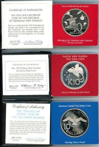 3 Different Large Silver World Coins from the 1970s in Box w/CoA