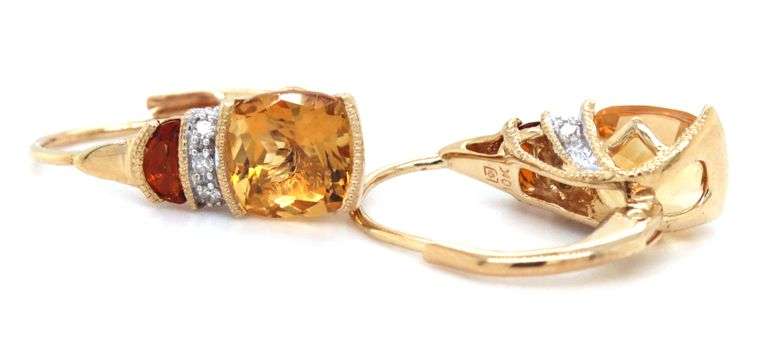 10kt Yellow gold Cushion and half moon cut citrine and diamond accent clip on earrings