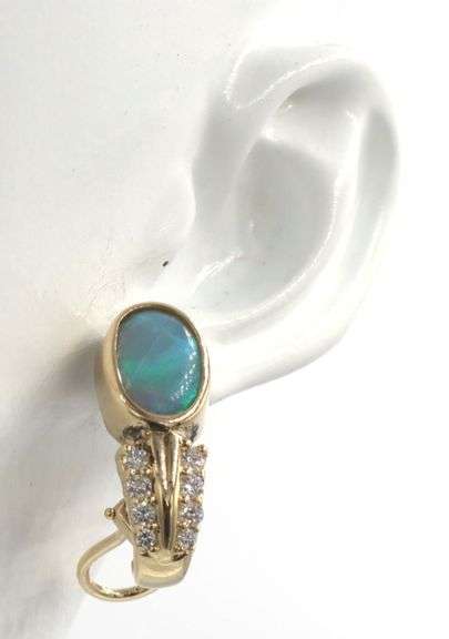 14kt Yellow gold double oval opal and diamond earrings