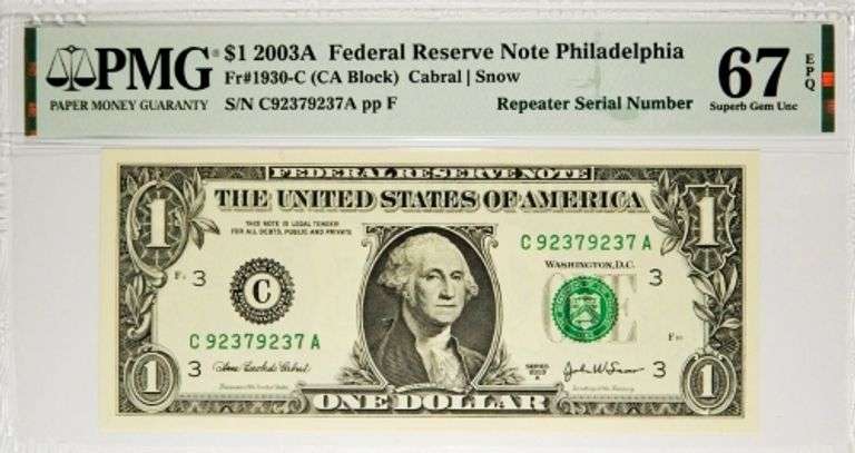 Superb Crisp 2003A $1 Note Philadelphia Repeater Serial # 92379237 PMG 67!