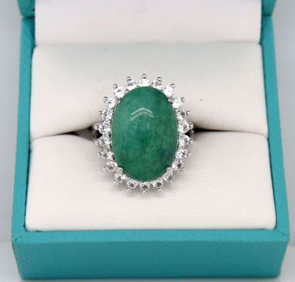 Amazing Large 13.00CTS Oval Cabochon-Cut Emerald & Sapphire Ring in Sterling Silver