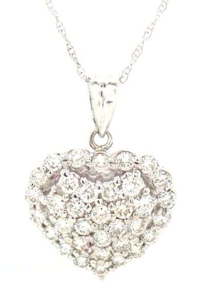 14kt White gold 1ctw Pave halo diamond heart shaped pendant on chain