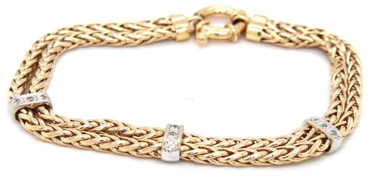 14kt Yellow gold double wheat link bracelet with diamond accents