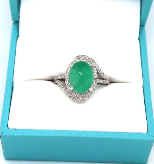 Sensational 4.50CTS Oval Cabochon-Cut Jade & 0.47CTW Diamond Ring in Sterling Silver