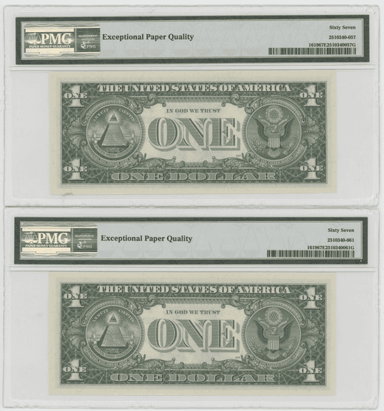 2 PMG-67 EPQ 1957 Series $1 Silver Certificates from same pack
