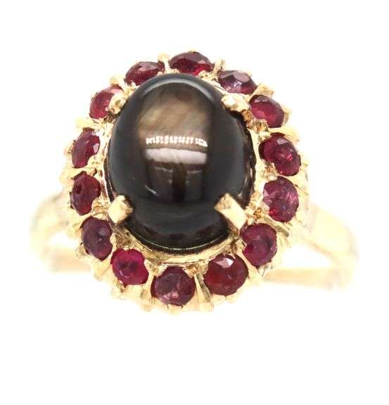 10kt Yellow gold black star sapphire and ruby halo vintage style ring