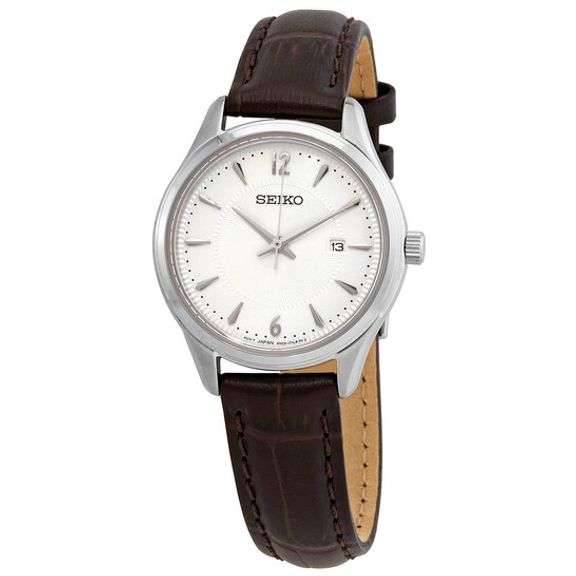 Seiko Women’s Quartz Watch Silver Dial Brown Leather Strap 30mm Classic