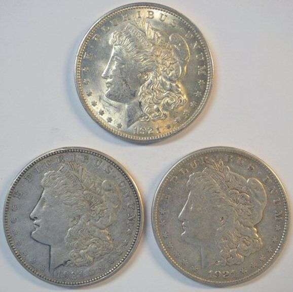 1921 P-D-S Morgan Silver Dollars. Last year of issue for Morgans