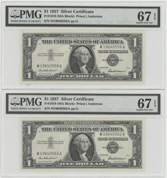 2 PMG-67 EPQ 1957 Series $1 Silver Certificates from same pack
