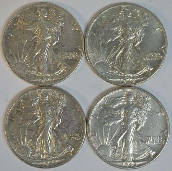4 Nice 'P' Mint AU Walking Liberty Half Dollars: 2 1942, 1943, & 1945