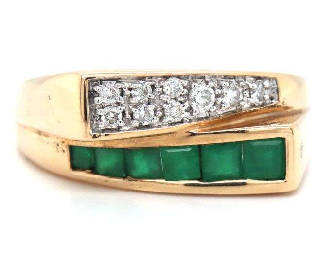 14kt Yellow gold square emerald and diamond bypass ring