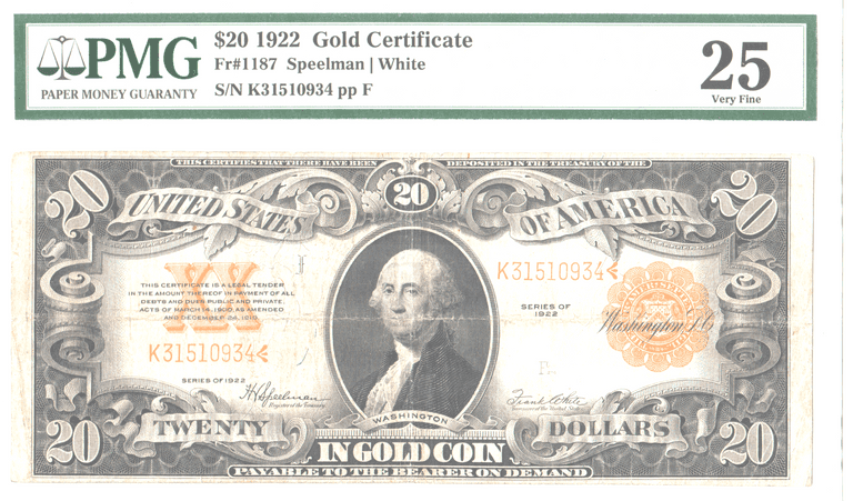 1922 $20 Gold Certificate Fr#1187 Speelman/White Very Good 25