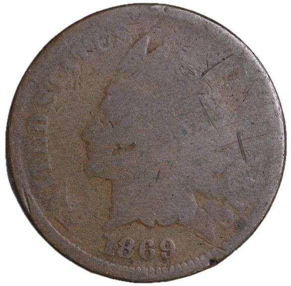 1869 Indian Head Cent AG (About Good) Full Date, Copper Penny