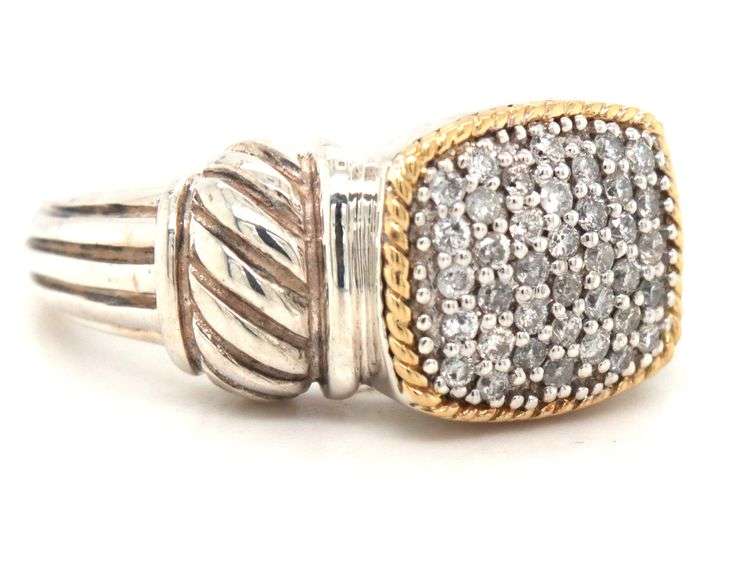 925 Sterling silver Effy 2 tone Pave diamond cushion shaped ring