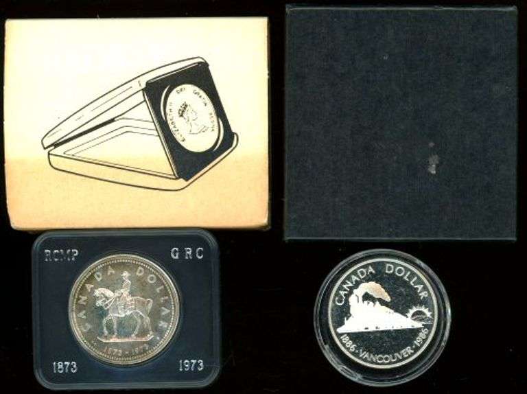 2 Canadian Proof Silver Dollars in Box: 1973 & 1986