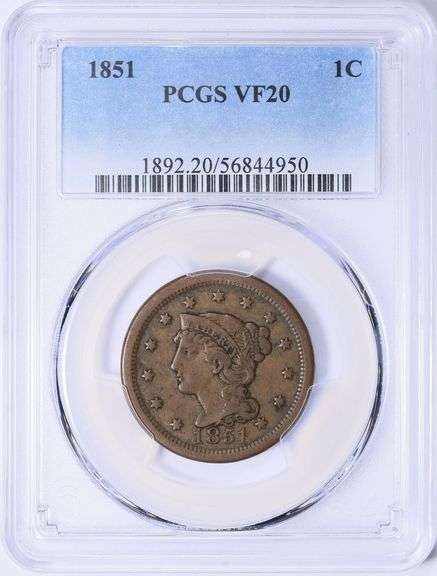 1851 Braided Hair Large Cent PCGS VF-20 BN Choice Mid-Grade, Strong Detail, Classic U.S. Copper