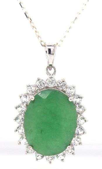 Endearing 6.59CTS Oval Faceted Natural Emerald & 2.25CTW White Sapphire Pendant Necklace in Sterling