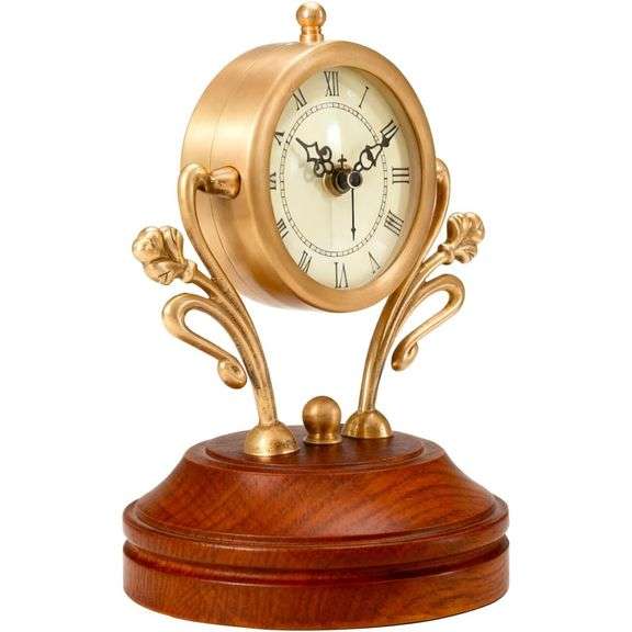 Vintage-Style Copper Brass Mantel Clock with Wood Base